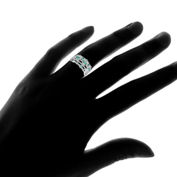 💍925 STERLING SILVER GREEN ROUND RECTANGLE CZ DOUBLE LAYER DAINTY RING, L408 - Picture 3 of 4